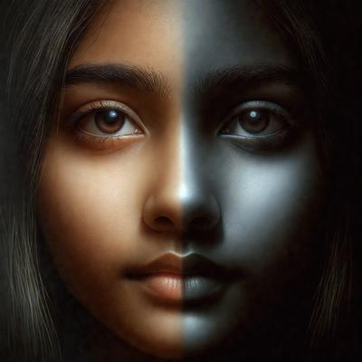 The primary subject of the image is a young girl with two faces, one black and one white. The setting is a dark background, which contrasts with the girl's faces. The visual style is a digital art or illustration, creating a striking and unique representation of the girl. The colors and mood are predominantly dark, with the black and white faces adding a dramatic and mysterious atmosphere to the image.